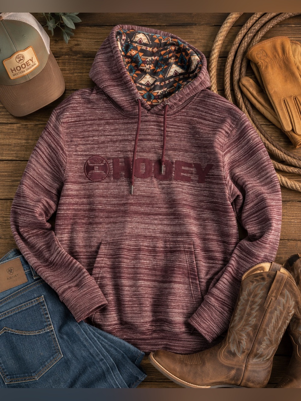 HOOey Men’s Small Burgundy Heather Hoodie Southwestern Aztec Lined Hood Western
